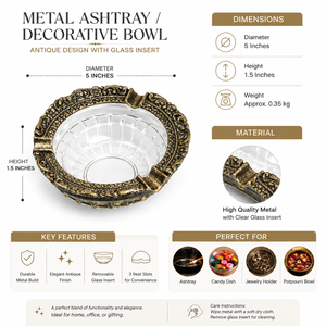 Decorative Metal <b>Ashtray</b> Bowl with Glass Insert | <b>Vintage</b> Tabletop <b>Ashtray</b> for Home, Office & Gift Use - Product Image 5