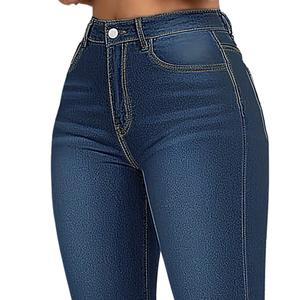 Women's Dark Blue <b>Denim</b> Capri Pants High Waist <b>Stretch</b> Skinny Fit Casual Breathable Quick Dry XL Knee-Length Button Hem Jeans - Product Image 3