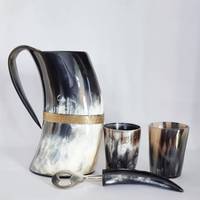 Ensemble de mugs à bière en corne naturelle, tasses à boire vintage avec décapsuleur, bande décorative en laiton, accessoires de bar pour festivals en plein air