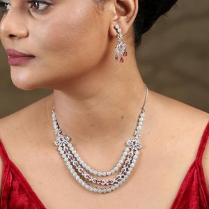 <b>Silver</b> Plated Zinc Alloy Crystal Rhinestone <b>Necklace</b> Earring <b>Set</b> Pink Stones Flower Design Vintage Third Party Certified Wedding - Product Image 3