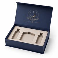 Boîte cadeau personnalisée de luxe bleu marine magnétique rigide en matériaux recyclés écologiques avec motif lune et étoiles dorées
