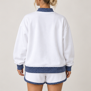 Women's <b>White</b> Contrast Polka Trim Mock Neck <b>2</b>-<b>Piece</b> Shorts Set Custom Casual Sportswear - Product Image 2