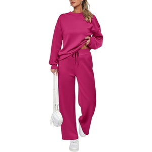 Women Plus Size Solid <b>Pink</b> Casual <b>Tracksuit</b> Crew Neck Sweatshirt With Drawstring Pants Full Length Loose Fit Fall Sweatsuits - Product Image 3