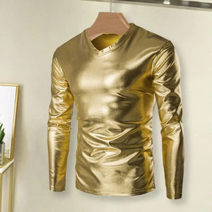 T-shirt brillant doré pour homme, manches longues, chemisier pour homme, haut d'été, costume de scène pour Noël, Halloween, fête - Product Image 4