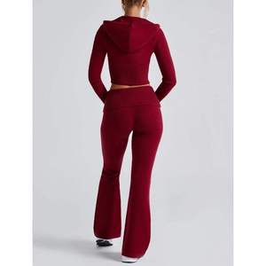 Custom Women's Flare Tracksuit Set Zip Up Crop <b>Hoodie</b> High Waist Flared Pants Fitness Activewear OEM Supplier - Product Image 2