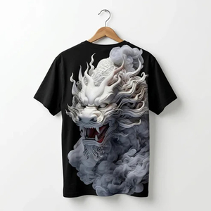 Men's White Short Sleeve T-Shirt With Dragon Print <b>Back</b> Design Casual O-Neck Regular Fit Cotton Jersey Breathable - Product Image 2