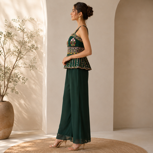Women Green Floral Embroidered Peplum Top Wide Leg Palazzo Set Elegant Ethnic Party Wear Two Piece Outfit Festive Wedding - Product Image 3
