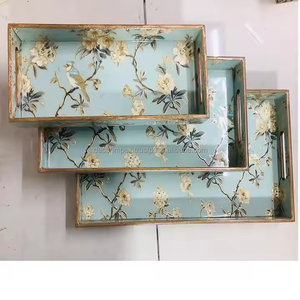 Bandejas Rectangulares Modernas de Madera con Estampado Floral y de Aves, Hechas a Medida, en 3 Tamaños Apilables para Decoración del Hogar - Product Image 2