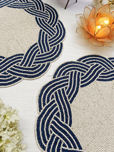 Navy Blue Woven Border <b>Beaded</b> <b>Placemat</b> Scalloped White Navy Table Decor Nautical Boutique Wholesale Factory - Product Image 5