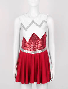 Girls Latin <b>Red</b> White <b>Sequin</b> 100% Polyester Digital Print Stage Dance Top Sleeveless V-Neck Flared Skirt Performance Wear for - Product Image 1