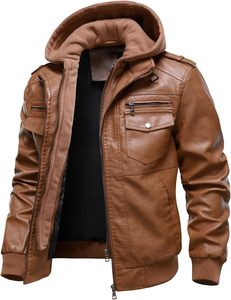 <b>Men's</b> Customized Brown PU <b>Leather</b> Hooded Moto <b>Jacket</b> Zipper Front Regular Fit Autumn Style Windproof Solid Color High Quality - Product Image 2