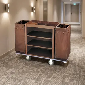 Chariot de ménage marron robuste pour hôtels, centres de villégiature et hôtellerie, avec rangement - Product Image 6