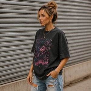 T-shirt pour femme à col rond oversize, épaules tombantes, manches courtes, en tissu tricoté respirant, imprimé par transfert thermique, polyester/coton - Product Image 2