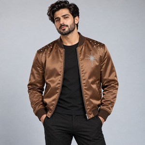 Mens Fashionable <b>Rhinestone</b> Satin Bomber <b>Jacket</b> Premium Shiny Crystal Embellished Streetwear Coat with Stylish Star Designs - Product Image 1