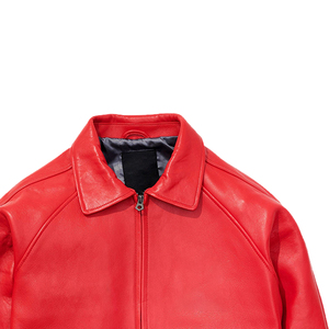 Men's Red Cow <b>Leather</b> Bomber <b>Jacket</b> Turn-down Collar Zipper Closure Regular Sleeve Solid Color Autumn Biker Style - Product Image 3