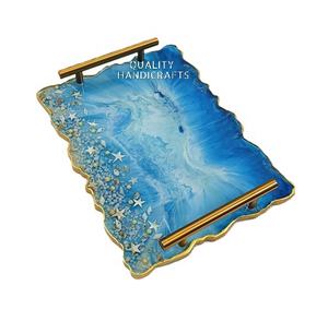 Best Design Epoxy Resin <b>Serving</b> <b>Tray</b> <b>with</b> Gold Leaf Metal <b>Handle</b> Quality Handicrafts for Hotels Restaurants and Kitchenware - Product Image 5