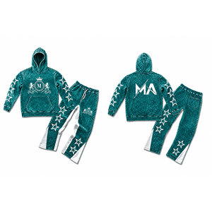 Conjunto de chándal con capucha en color verde azulado con efecto acid wash, estrellas blancas y pantalones largos con cordón de 350 gsm, 100% algodón, estilo streetwear. - Product Image 3