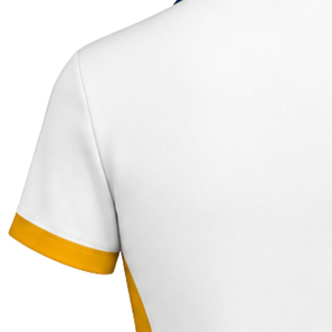 Vestido Polo Blanco y Azul Rey para Mujer, Manga Corta, Cuello en Contraste, Uniforme Deportivo con Puños Dorados en las Mangas y Cuello Redondo en el Pecho - Product Image 3