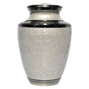 Urne funéraire en métal finition perle blanche pour cendres humaines |   Urne funéraire élégante pour adultes avec bandes argentées |   Fournisseur d'urnes funéraires - Product Image 1