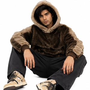 Vente en gros de sweats à capuche unisexes personnalisés en sherpa avec poche brodée, streetwear d'hiver, manches contrastées, style Y2K, sweats à capuche en coton molletonné pour hommes, USA - Product Image 2