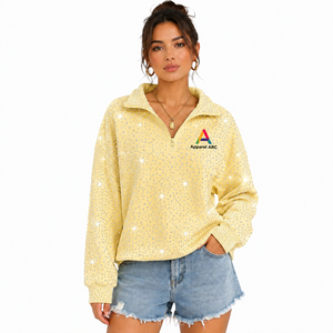 Sweat-shirts à capuche zippés jaune pastel pour femmes, avec logo personnalisé et strass thermocollés, vente en gros, direct usine - Product Image 1