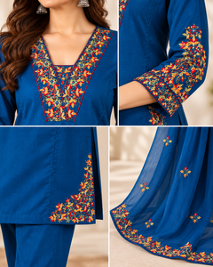 Ensemble de vêtements ethniques brodés pour femmes, trois pièces, bleu, kurta, pantalon, dupatta, tenue traditionnelle festive, fabricant en gros - Product Image 5