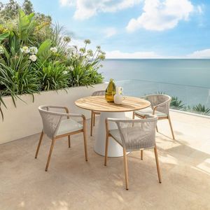 Modern <b>Round</b> Wooden <b>Dining</b> <b>Table</b> With <b>4</b> Woven Chairs Coastal Style Outdoor Furniture <b>For</b> Villa Patio Seating <b>Set</b> - Product Image 1