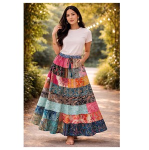 Assorted New Patch Layer Bohemian Silk <b>Patchwork</b> Tiered Ankle-Length Breathable Pleated Festival <b>Skirt</b> - Product Image 6