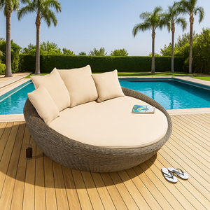 Cama Redonda para Exteriores, Tumbona de Ratán PE, Impermeable, Acolchada, con Marco de Aluminio, Muebles para Villa junto a la Piscina - Product Image 4