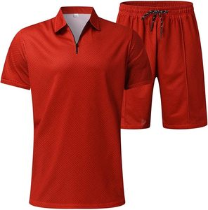 Men's Red Solid Quarter-Zip Embroidered Polo Shirt and Shorts <b>Set</b> Quick Dry <b>Knitted</b> Formal Summer Wear - Product Image 1