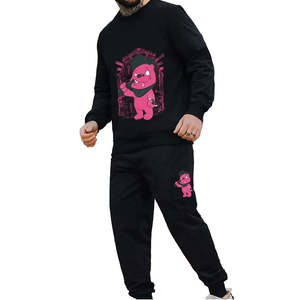 Men's Black Tracksuit Set Pink Bear Print Crew Neck Full Sleeve Regular Fit Casual Streetwear Autumn Wear 100% Cotton Adult - Product Image 1