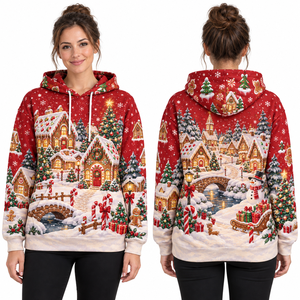 Women's Christmas Printed Windproof Streetwear Hooded Sweatshirt Red Full Sleeve Knitted Winter Pullover Polyester/Cotton Fleece - Product Image 1
