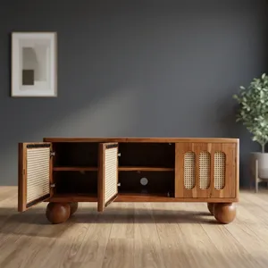 Meuble TV en bois de manguier massif à trois portes avec panneaux en rotin, pieds ronds, meuble de divertissement rustique pour salon et chambre - Product Image 5