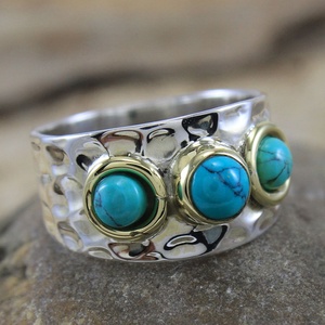 Anillo de Plata de Ley 925 con Turquesa Azul Natural, Anillo de Dos Tonos para Meditación, Anillos Finos para Mujer y Hombre, Fabricante de Joyería - Product Image 2