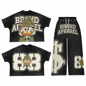 Ensemble tendance de t-shirt et pantalon streetwear personnalisé, 100% coton, effet délavé, motif vintage, t-shirt court, unisexe. - Product Image 2