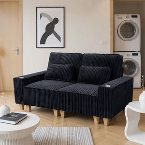 โซฟาคู่ผ้ากำมะหยี่นุ่มสบาย 2 ที่นั่ง พร้อมที่วางแก้วสแตนเลสขัดเงาแบบลึก และหมอนตกแต่ง 2 ใบ สำหรับห้องนั่งเล่น - Product Image 2