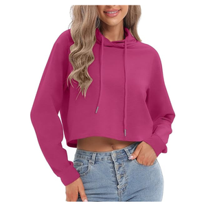 Hoodie court sublimé haut de gamme coupé-cousu, à double couche, avec capuche, vierge, AOP, pour femme, sweat-shirt court épais doublé en maille, pull-over - Product Image 5