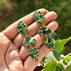 Green copper mohave turquoise 3 tier dangling <b>earrings</b> with push <b>back</b> closure handmade prong setting ear jewelry for wholesale - Product Image 3