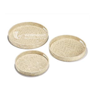 Mosaic Inlaid <b>Tray</b>, Round Mother of Pearl Inlaid Serving <b>Tray</b>, Luxury Blue Teardrop & Leaf Pattern Decorative <b>Tray</b> with Handles - Product Image 1