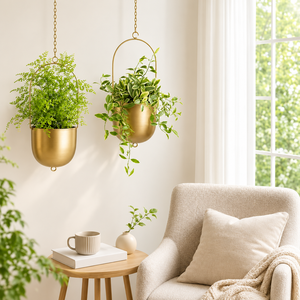Pot de fleurs suspendu en métal doré décoratif, pot de fleurs suspendu en métal doré moderne, conteneur pour plantes suspendues pour l'intérieur et l'extérieur - Product Image 1