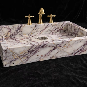 Lavabo Rectangular de Lujo de Mármol Natural Calacatta con Vetas Moradas y Doradas para Encimera de Baño - Product Image 1