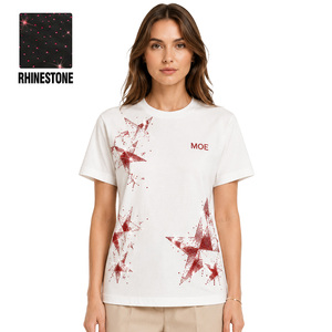 Trendy Red <b>Rhinestone</b> women's shirt Fade Star Texture Solid Tee DTG Customizable Versatile Styling Summer Glam Detailing Cotton - Product Image 1