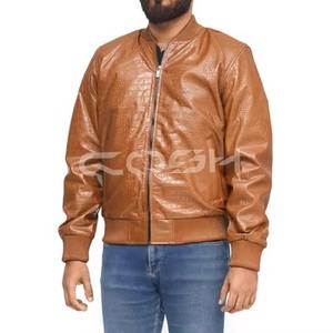 Veste en cuir marron de haute qualité, effet croco, style bomber zippé, texture marron, veste décontractée de luxe - Product Image 4