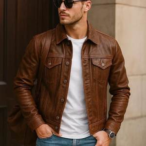 Chaqueta de Moto para Hombre, de Cuero PU Ecológico, de Secado Rápido y Transpirable, con Cuello Camisero, Cierre de Cremallera, Color Marrón, Corte Regular, Bordado - Product Image 1