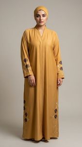 Elegant Navy Blue Embroidered Abaya With V Neck Long Sleeve Floor Length Modest Dress For Women Daily Wear - Product Image 5