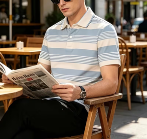 Men's Striped Jersey Short Sleeve Casual Knitted Polyester/Cotton Regular Fit Button Design Light Blue Beige Pattern Breathable - Product Image 4