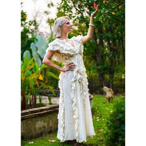 Robe longue blanche à volants pour femme, style bohème, manches longues, col en V profond, taille naturelle, lavable, pour l'été, la plage, les mariages et les fêtes - Product Image 3