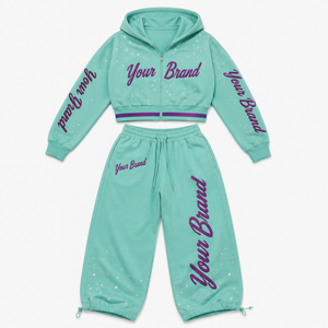 Custom Women's Cropped Zip Hoodie Wide Leg Sweatpants Set Rhinestone <b>Star</b> Graphic Print Casual Streetwear Matching Outfit - Product Image 1
