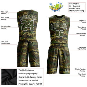 Ensemble d'uniformes de basketball personnalisés en sublimation camouflage, respirant, à séchage rapide, maillot d'entraînement d'équipe, personnalisé, en mesh, unisexe, col en V - Product Image 1