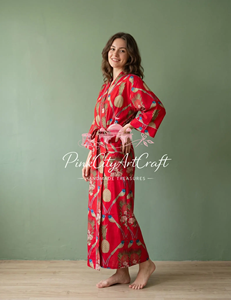 Bata Kimono de Algodón Roja con Estampado Digital de Piña y Pájaros, Manga Larga, Túnica de Verano, Kaftán Indio, Ropa de Estar para Damas de Honor - Product Image 4